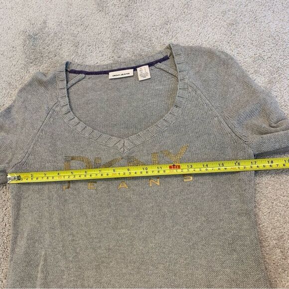 Dkny beige brown long sleeve V-neck metallic logo knit sweater Sz L - Picture 9 of 10